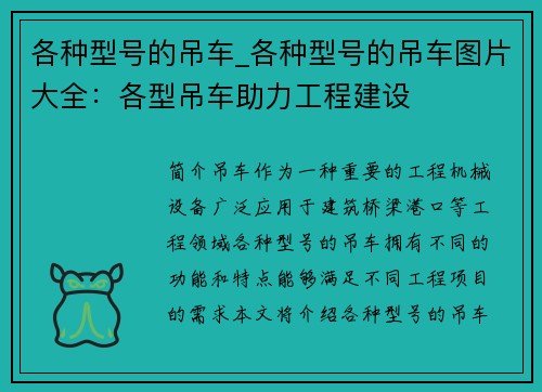 各种型号的吊车_各种型号的吊车图片大全：各型吊车助力工程建设