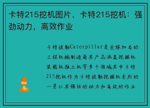 卡特215挖机图片、卡特215挖机：强劲动力，高效作业